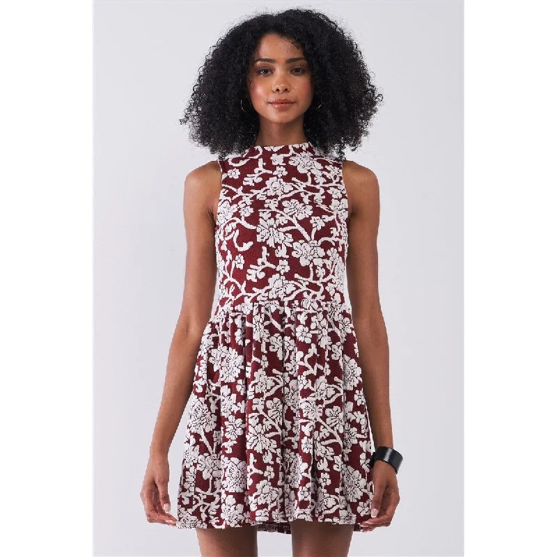 Best Deals stylish party dressBurgundy Floral Fitted Mini Dress with Crew Neck Sleeveless Best Deals stylish party dressBurgundy Floral Fitted Mini Dress with Crew Neck Sleeveless