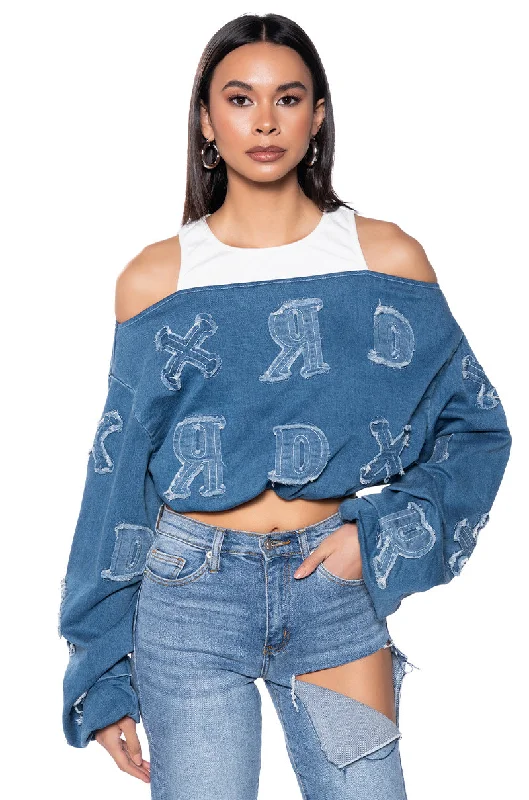 Exclusive Online Offer BE YOURSELF DENIM OFF THE SHOULDER SWEATSHIRT