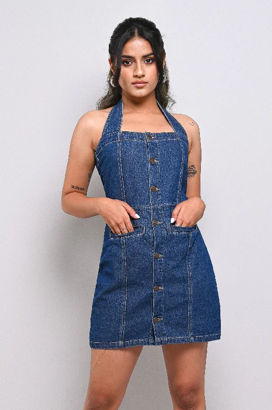 Limited Availability sleek midi dressHalter Fitted Denim Dress