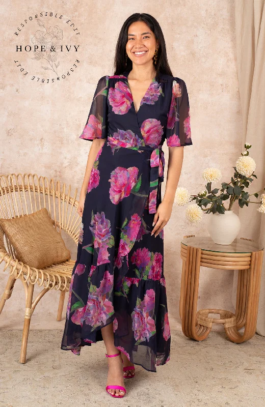 Price Break sleek dressTHE ASHIA FLUTTER SLEEVE MAXI WRAP DRESS (NAVY/PINK) CURVE