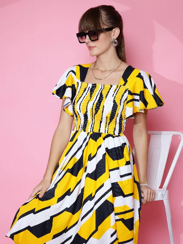 Weekend Deal office dressWoman Classic Yellow Geometric Print Fit and Flare Midi Dress