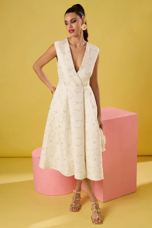 Blowout Sale casual evening dressKaren Cream A-Line Jacquard Dress