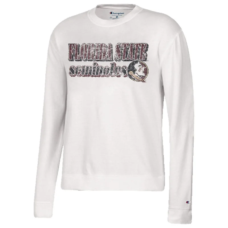Can't Miss Champion Women's Florida State Seminoles/Seminole Logo Distressed Design Crew Fleece - White Can't Miss Champion Women's Florida State Seminoles/Seminole Logo Distressed Design Crew Fleece - White