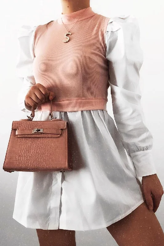 Low Prices wool dressPink Overlay Detail Puff Sleeve White Shirt Dress - Olah