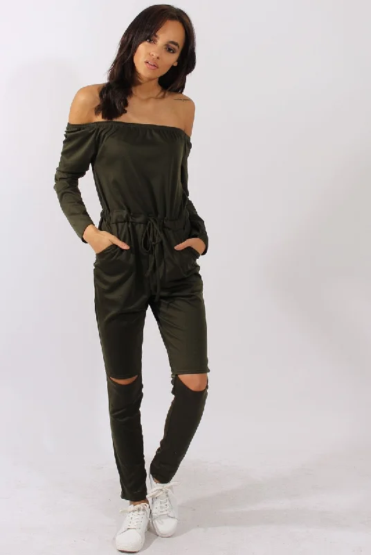 Savings Alert wool dressKhaki Bardot Split Knee Jumpsuit - Coran