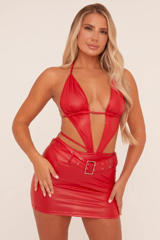 Seasonal Clearance lace dressRed Faux Leather Halter Tie Detail Mini Dress - Annalina Seasonal Clearance lace dressRed Faux Leather Halter Tie Detail Mini Dress - Annalina