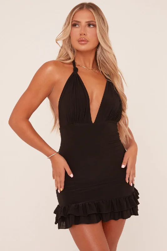 The Best Prices summer dressBlack Plunge Halter Neck Frill Hem Mini Dress - Riplee