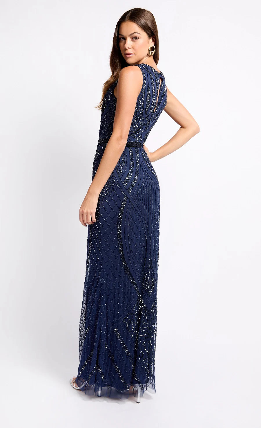 Season Finale Sale casual slip dressKim Embellished Deco Maxi Dress (Navy)