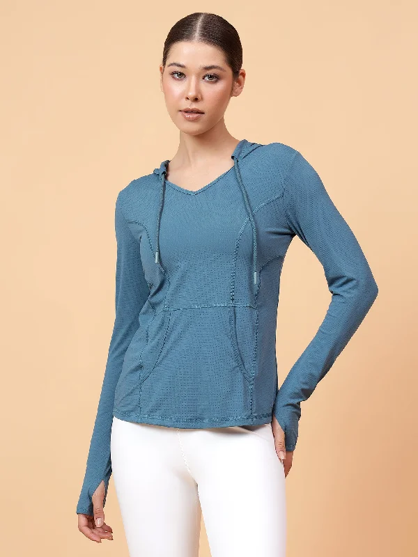Mega Sale Fitkin Women's Turquoise Self Design Longsleeve Hooded Tshirt