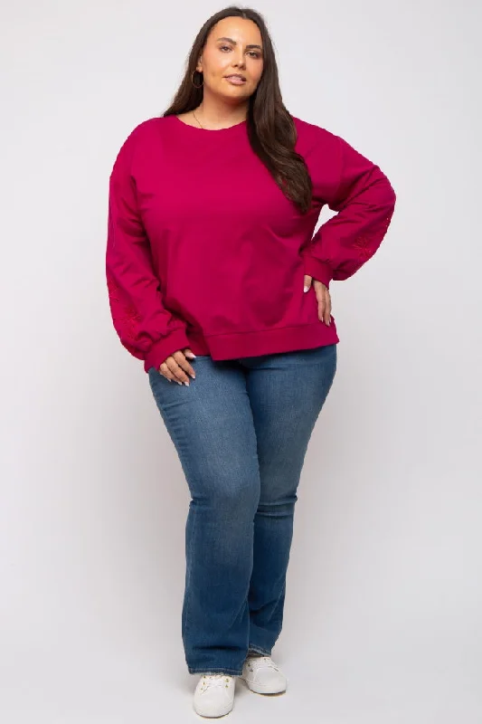 New Markdowns Magenta Embroidered Long Sleeve Plus Top