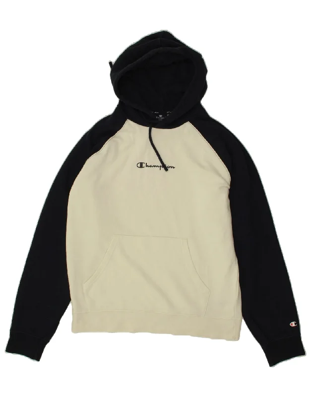 Blowout Deals CHAMPION Mens Hoodie Jumper Large White Colourblock Cotton
