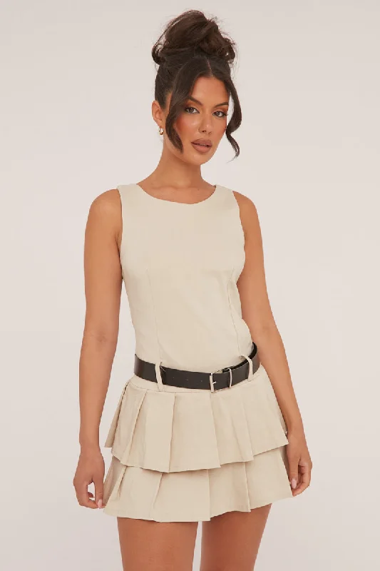 Price Blitz summer dressBeige Pleated Belt Detail Mini Dress - Bobbie