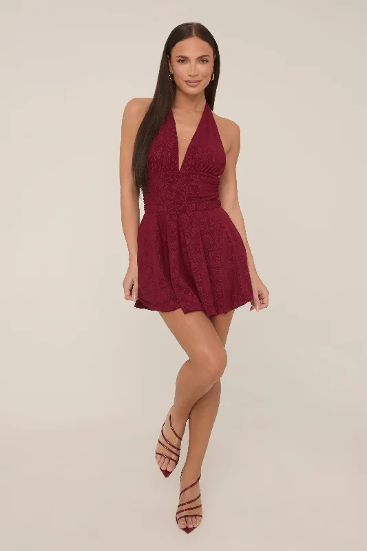 Grand Opening Sale structured dressWine Floral Printed Plunge Halter Mini Dress - Zaynab