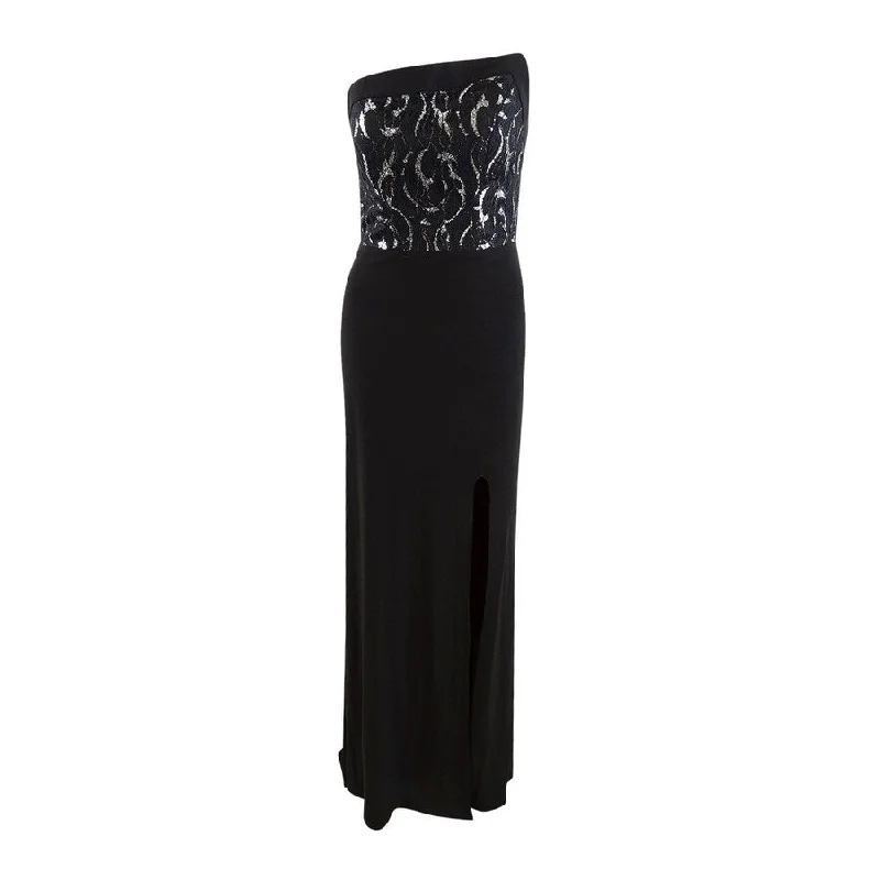 Bargain Bin chic wrap dressBetsy & Adam Women's Strapless Lace Slit Gown (4, Black/Silver)