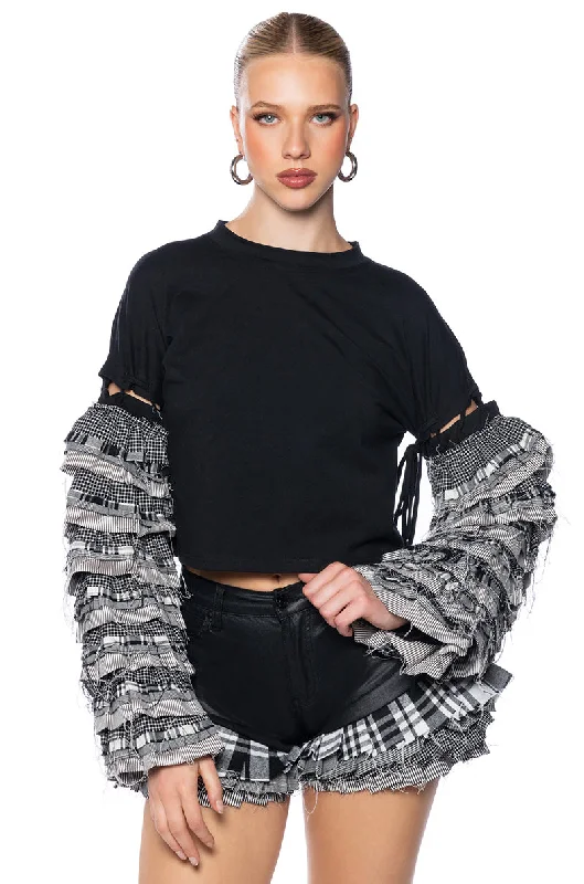 Price Rollback PAINT ME IN PLAID RUFFLE SLEEVE PULLOVER
