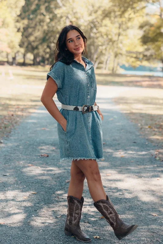 Early Access tiered dressFrayed Denim Dress