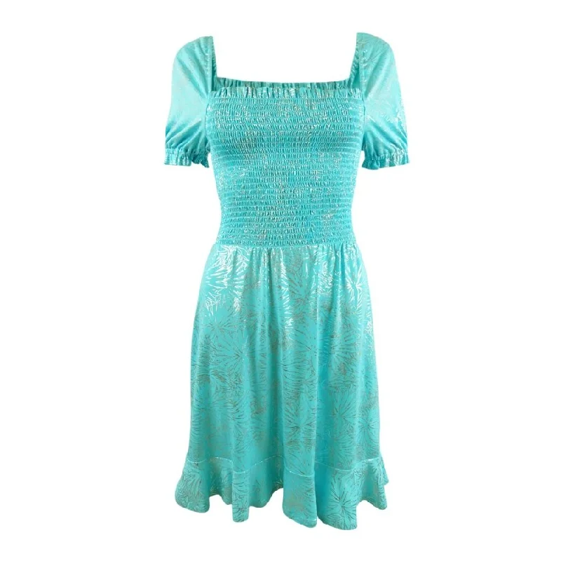 Deep Discounts satin midi dressMICHAEL Michael Kors Women's Foil-Print Smocked Peasant Dress (XS, Turquoise)