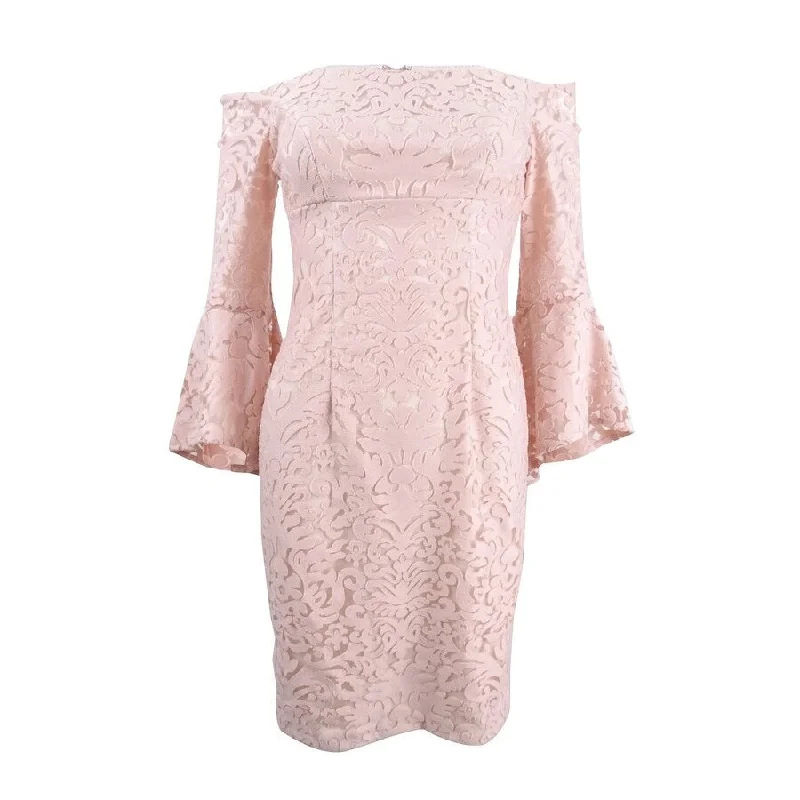 Act Fast satin dressXscape Women's Lace Off-The-Shoulder Bell-Sleeve Dress