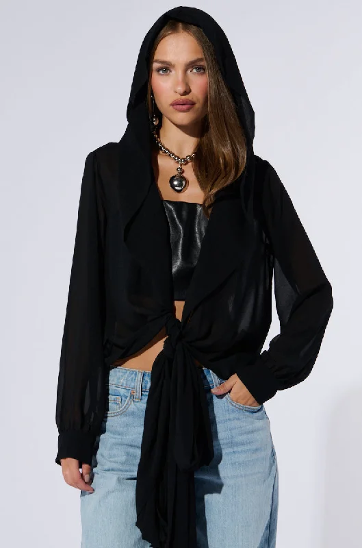 Value Deals MARGO TIE FRONT BLOUSE WITH HOOD IN BLACK