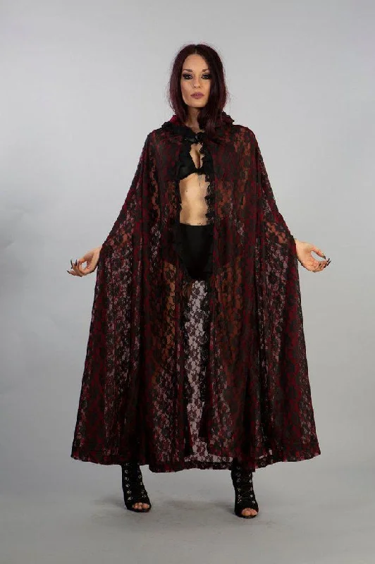Lowest Prices Cherryl Hooded Cape In Black Lace And Red Mesh Lining