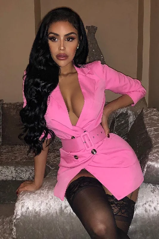 Lowest Price formal dressPink Button Front Belted Blazer Dress - Justyne
