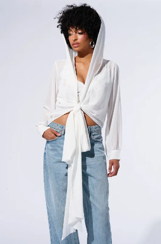 While Supplies Last MARGO TIE FRONT BLOUSE WITH HOOD IN WHITE