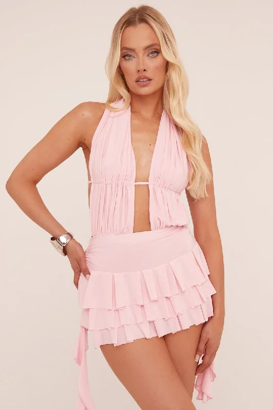 Weekend Special modern dressPink Plunge Neck Frill Detail Mini Dress - Swan