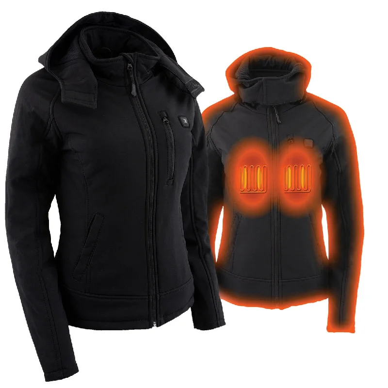 Savings Bonanza Nexgen Heat MPL2767SET Women's Black 'Heated' Soft Shell Jacket with Detachable Hood for Riding , Hiking w/ Battery