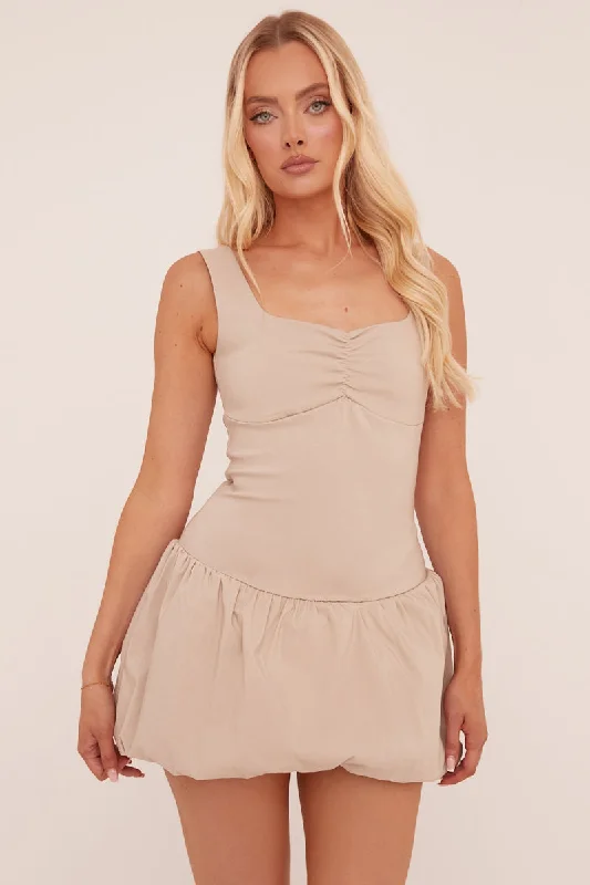 Quick Sale A-line dressBeige Ruched Neck Puffball Mini Dress - Georgie