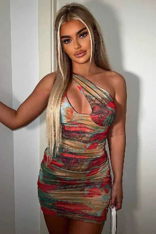 Clearance Items flowy evening dressRed Mesh Print Side Strap Ruched Mini Dress - Seden Clearance Items flowy evening dressRed Mesh Print Side Strap Ruched Mini Dress - Seden