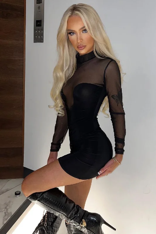 Lowest Price form-fitting dressBlack Curved Bust Mesh Detail Dress - Emmy