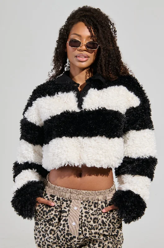 Steals and Deals IN MY FEELINGS STRIPE POLO SWEATSHIRT IN BLACK MULTI