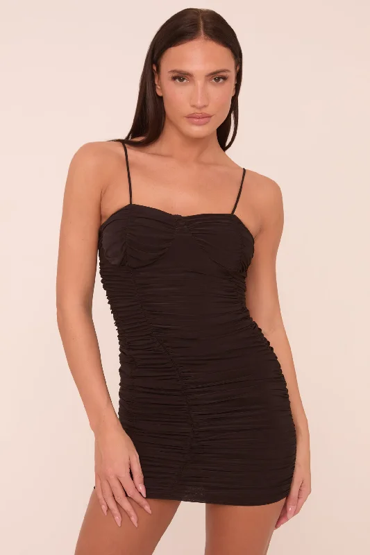 Markdown Madness boho dressBlack Ruching Detail Shoulder Straps Bodycon Mini Dress - Aster Markdown Madness boho dressBlack Ruching Detail Shoulder Straps Bodycon Mini Dress - Aster