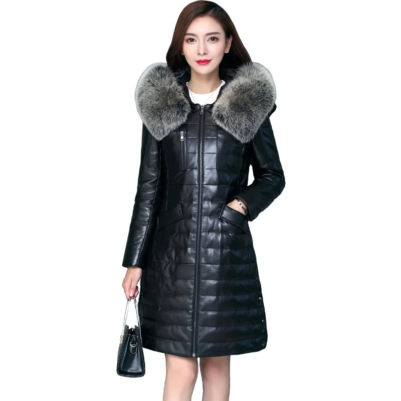 Big Savings Luxury Genuine Sheepskin Leather Suede Down Parkas Coat Jacket Fox Fur Hoody Autumn Winter Women Warm Outerwear Coats