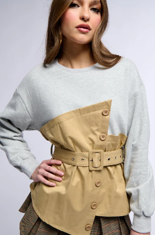 Factory Direct Sale READY FOR ACTION BELTED MIXED MATERIAL SWEATSHIRT