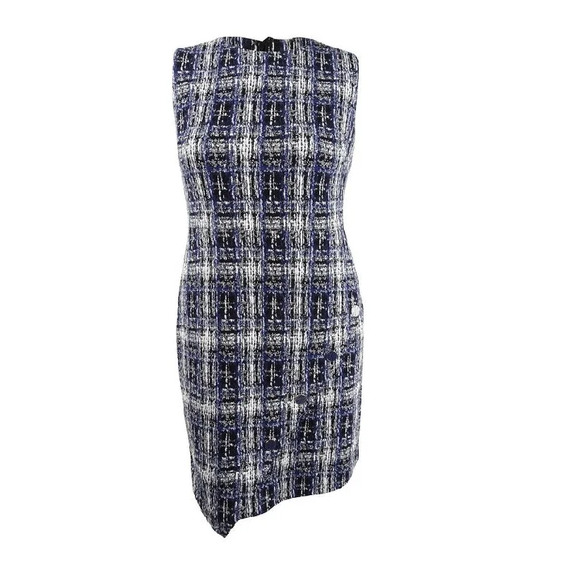 Quick Sale long-sleeve floral dressDKNY Women's Tweed Logo Button Sheath Dress (14, Blueberry Multi)